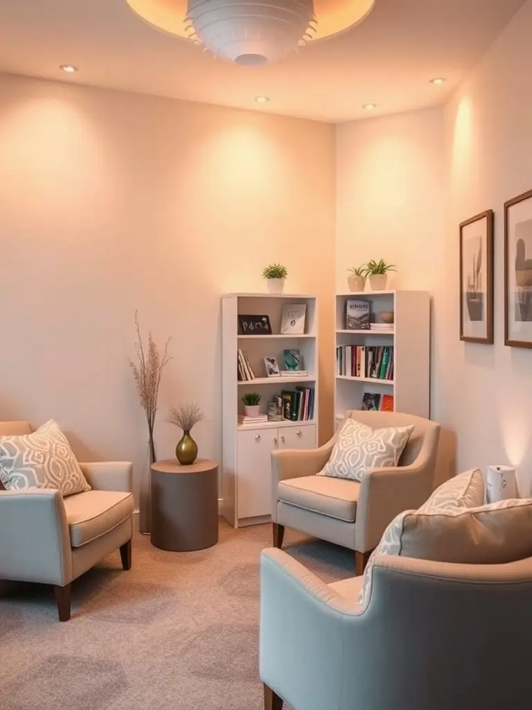 A serene therapy room with comfortable seating and calming decor.